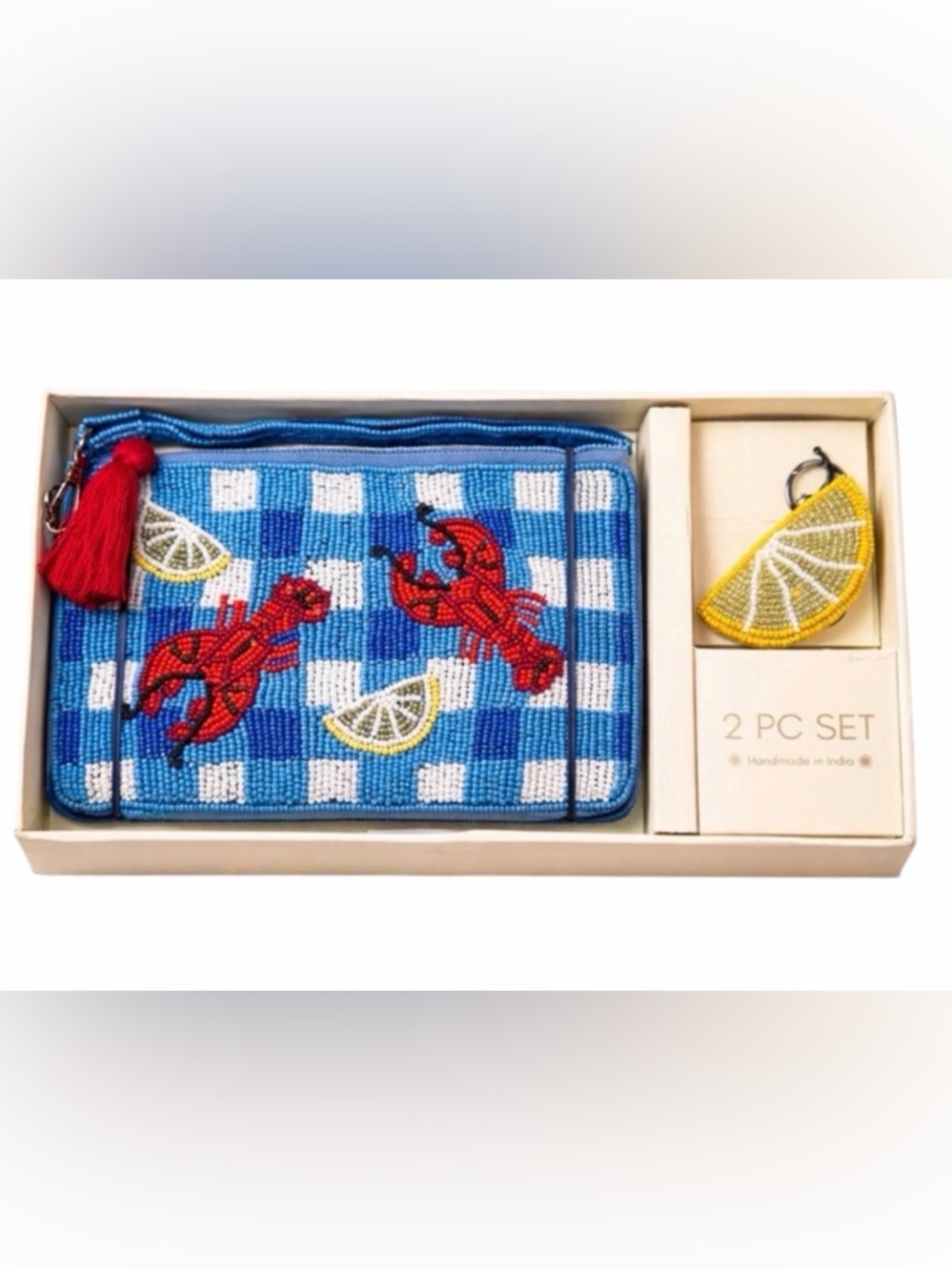 Hand-Beaded Blue Check Clutch with Red Lobsters